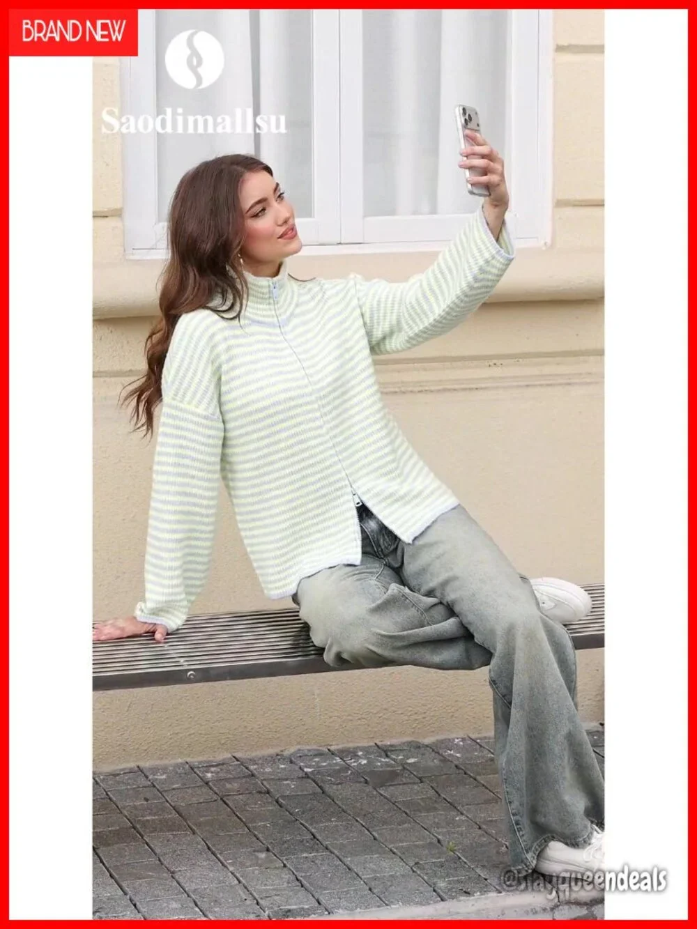 Striped Zip Up Sweater Mock Neck Long Sleeve Loose Fit Knit Cardigan Top